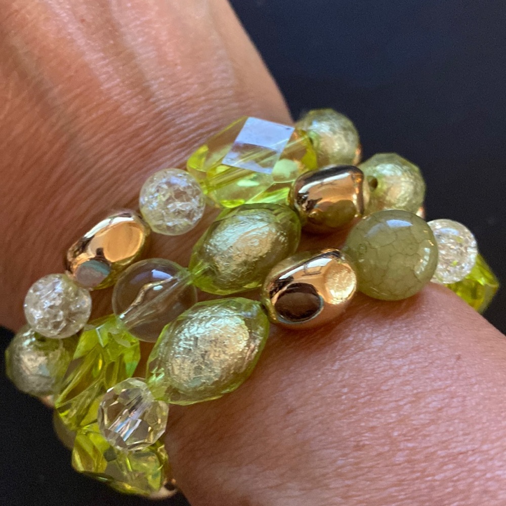Lot of 3 Acrylic bracelets - yellow, gold tone, clear beads